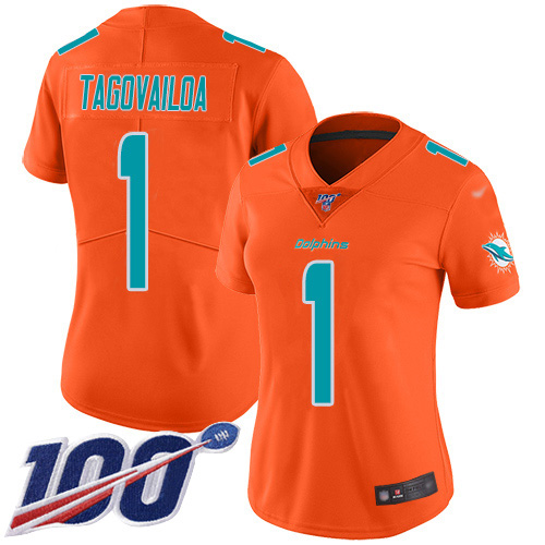 Nike Miami Dolphins #1 Tua Tagovailoa Orange Women Stitched NFL Limited Inverted Legend 100th Season Jersey